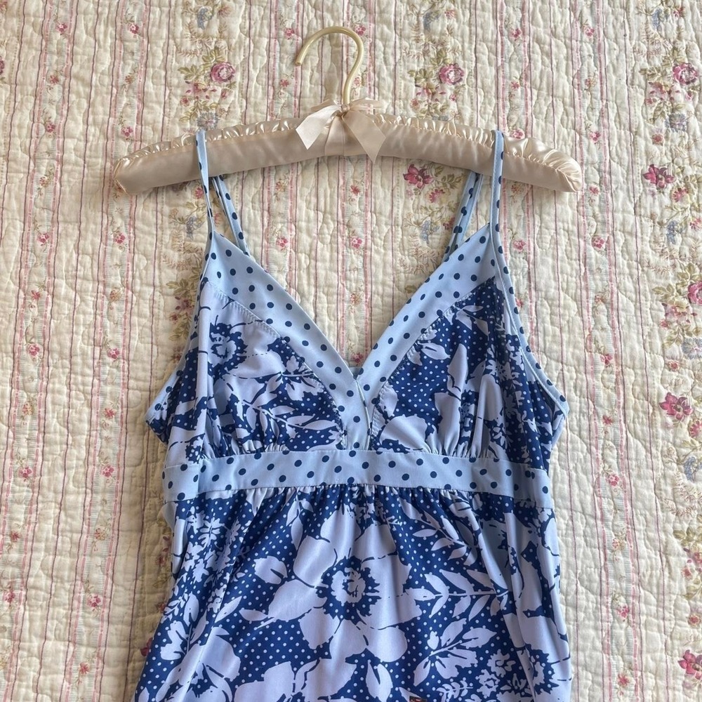 Y2K studio Donatella blue floral and polka dot slip dress